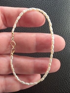 14K Solid Gold Hardware Seed Rice Pearl Bead Bracelet Sz 6.75"